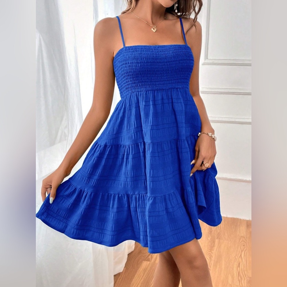 Smocked Tiered Sleeveless Mini Dress royal blue - Picture 3 of 7